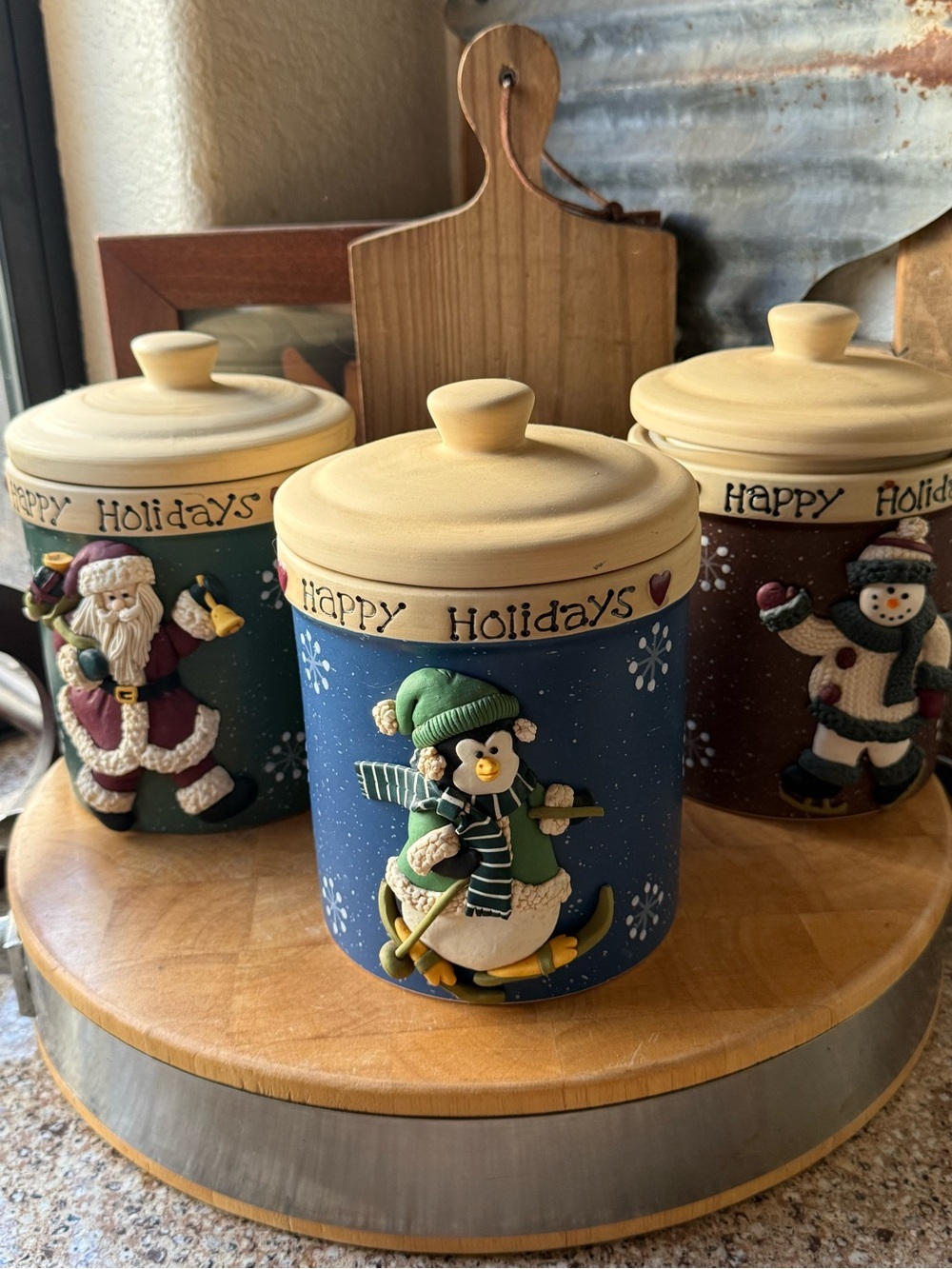 Vintage Happy Holidays Christmas Cookie Canister | Santa, Penguin & Snowman